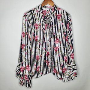 Why Dress Womens Floral Striped Button Front Secretary Blouse Size XL Ruffled
